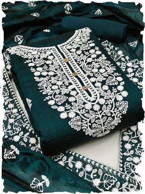 women's Bottle Green chanderi cotton white embroidered lucknowi chikankari 1