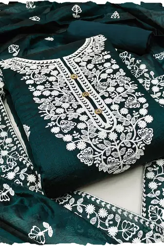 women's Bottle Green chanderi cotton white embroidered lucknowi chikankari