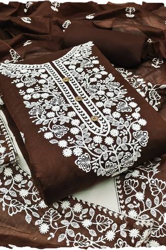women's Brown chanderi cotton white embroidered lucknowi chikankari