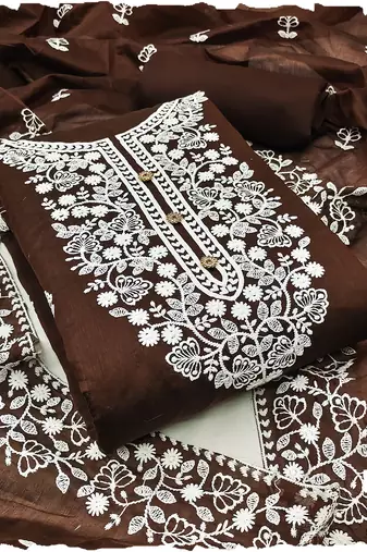 women's Brown chanderi cotton white embroidered lucknowi chikankari