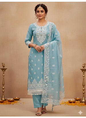 women's Blue chanderi cotton white embroidered lucknowi chikankari 1