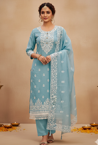 women's Blue chanderi cotton white embroidered lucknowi chikankari