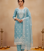 women's Blue chanderi cotton white embroidered lucknowi chikankari