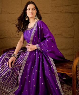 Women purple silk blend solid woven design anarkali kurta trousers with dupatta 1