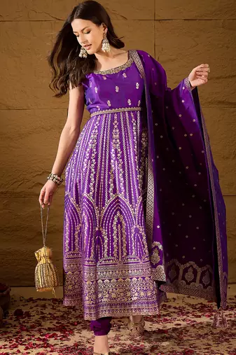 Women purple silk blend solid woven design anarkali kurta trousers with dupatta