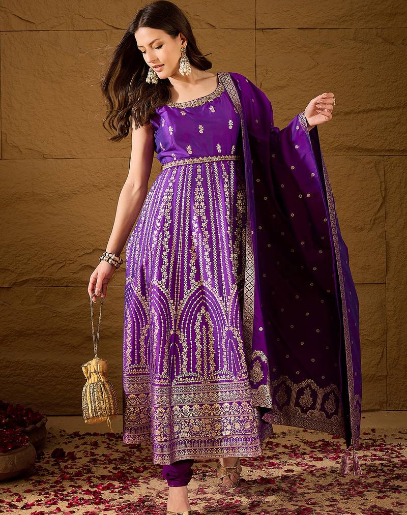 Women purple silk blend solid woven design anarkali kurta trousers with dupatta