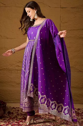 Women purple silk blend solid woven design anarkali kurta trousers with dupatta