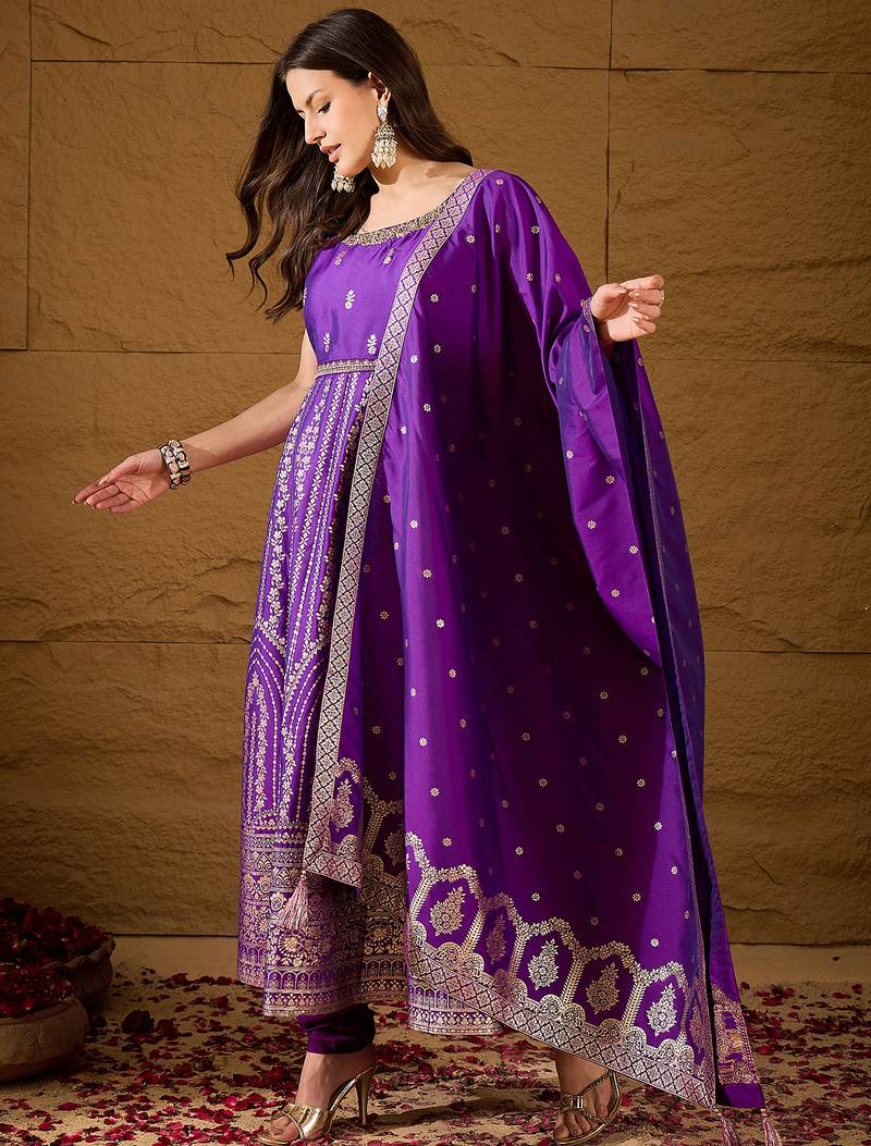 Women purple silk blend solid woven design anarkali kurta trousers with dupatta