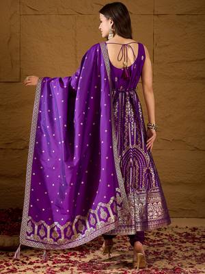 Women purple silk blend solid woven design anarkali kurta trousers with dupatta 4