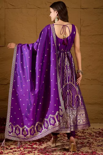 Women purple silk blend solid woven design anarkali kurta trousers with dupatta