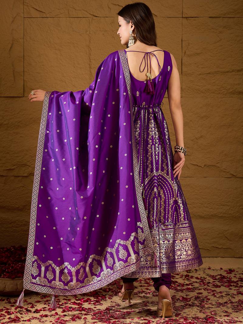 Women purple silk blend solid woven design anarkali kurta trousers with dupatta