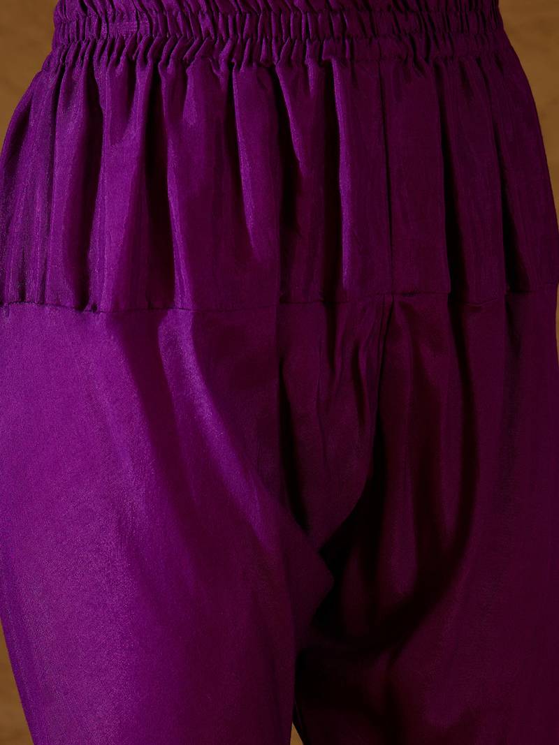 Women purple silk blend solid woven design anarkali kurta trousers with dupatta