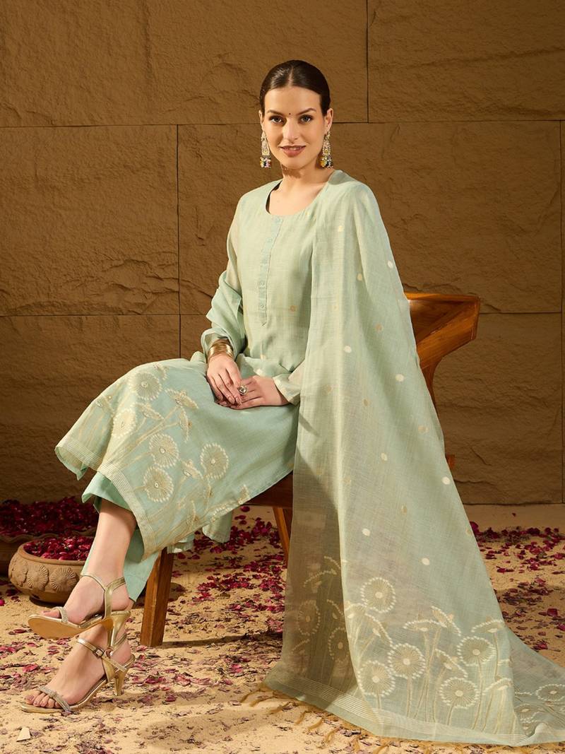 Women blue chanderi solid woven design straight kurta trousers with dupatta