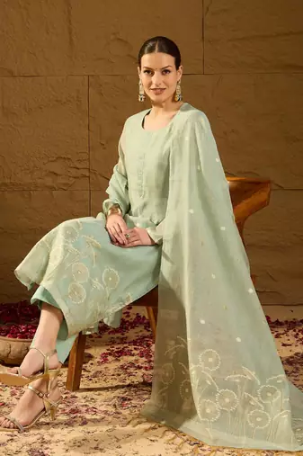 Women blue chanderi solid woven design straight kurta trousers with dupatta