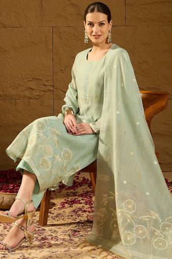 Women blue chanderi solid woven design straight kurta trousers with dupatta