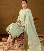 Women blue chanderi solid woven design straight kurta trousers with dupatta