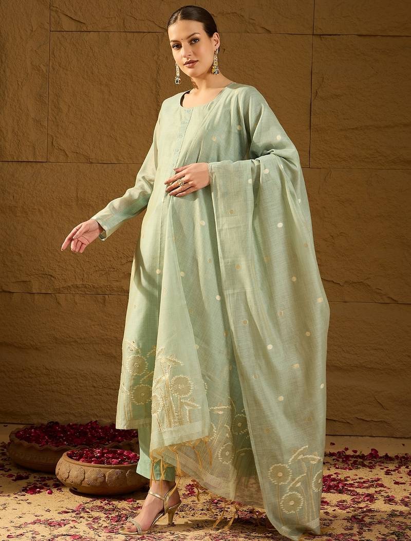 Women blue chanderi solid woven design straight kurta trousers with dupatta