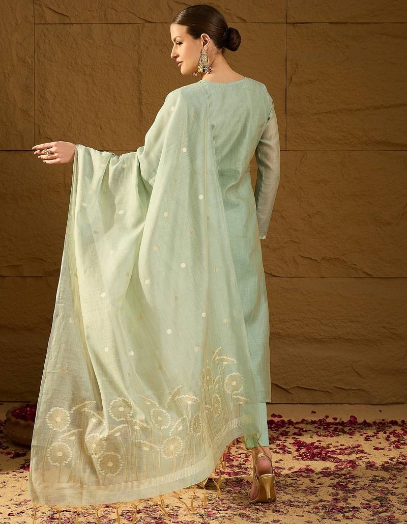 Women blue chanderi solid woven design straight kurta trousers with dupatta