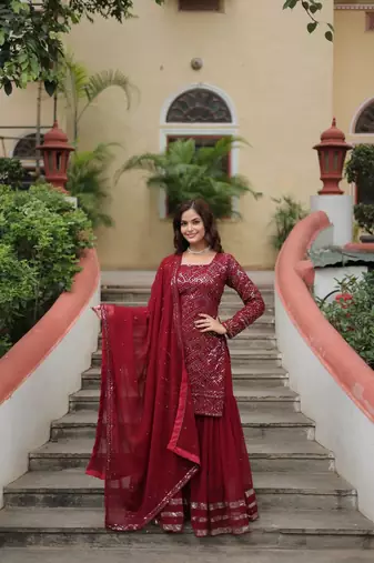 Maroon Faux Georgette Kurta Set with Sequins & Thread Embroidery – Premium Festive & Party Wear