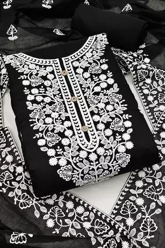 women's Black chanderi cotton white embroidered lucknowi chikankari