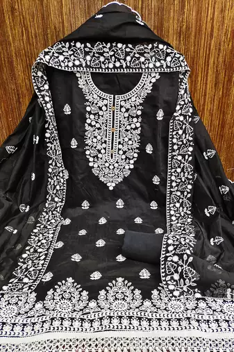 women's Black chanderi cotton white embroidered lucknowi chikankari