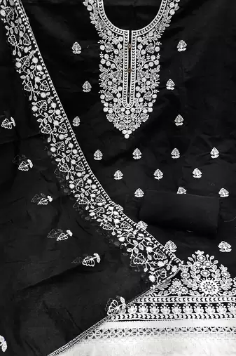 women's Black chanderi cotton white embroidered lucknowi chikankari