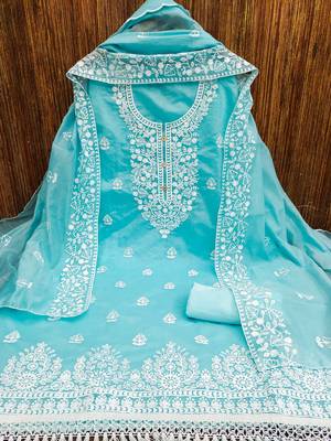 women's Blue chanderi cotton white embroidered lucknowi chikankari 3