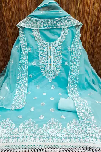 women's Blue chanderi cotton white embroidered lucknowi chikankari