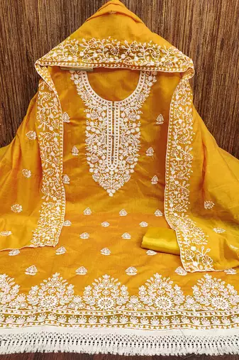 women's Mustard chanderi cotton white embroidered lucknowi chikankari