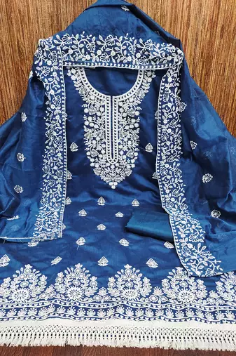 women's Royal Blue chanderi cotton white embroidered lucknowi chikankari