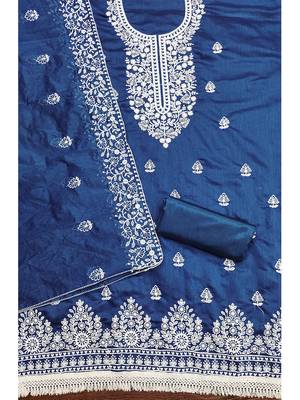 women's Royal Blue chanderi cotton white embroidered lucknowi chikankari 4