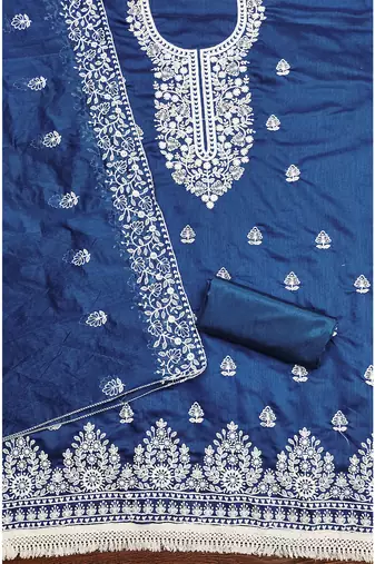 women's Royal Blue chanderi cotton white embroidered lucknowi chikankari