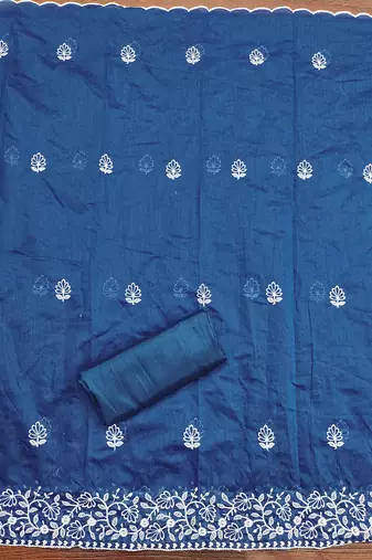 women's Royal Blue chanderi cotton white embroidered lucknowi chikankari