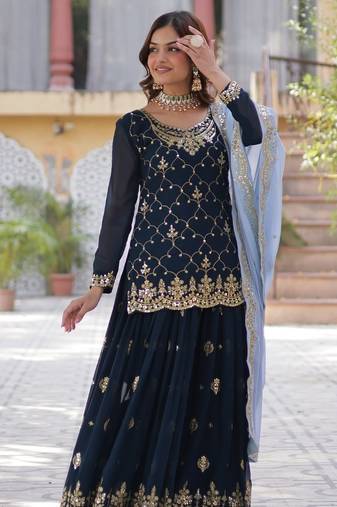 Blue Faux Blooming Kurta Set with Sequins Embroidery – Stylish Festive & Party Collection