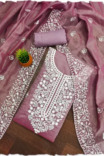 women's Mauve chanderi cotton white embroidered lucknowi chikankari