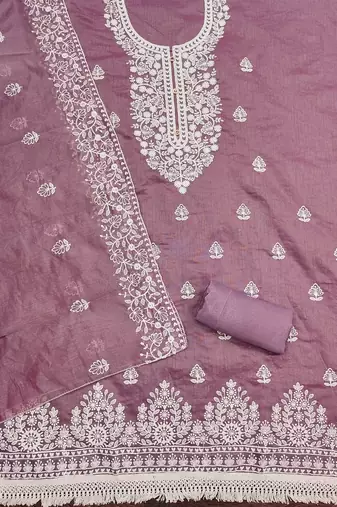 women's Mauve chanderi cotton white embroidered lucknowi chikankari
