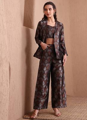 Black faux banarasi brocade co-ord set with designer blazer & wide-leg pants 1