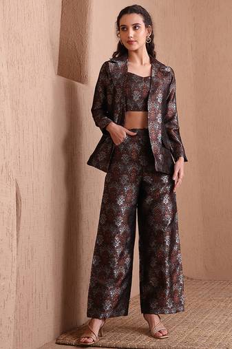 Women's black faux banarasi brocade co-ord set with designer blazer & wide-leg pants