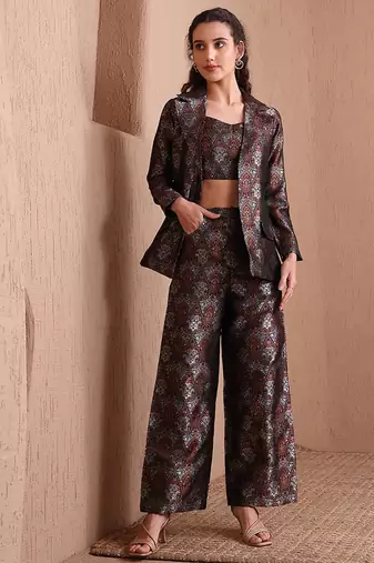 Women's black faux banarasi brocade co-ord set with designer blazer & wide-leg pants