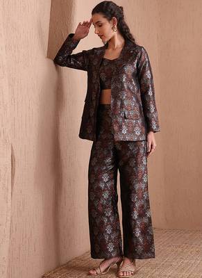 Black faux banarasi brocade co-ord set with designer blazer & wide-leg pants 2