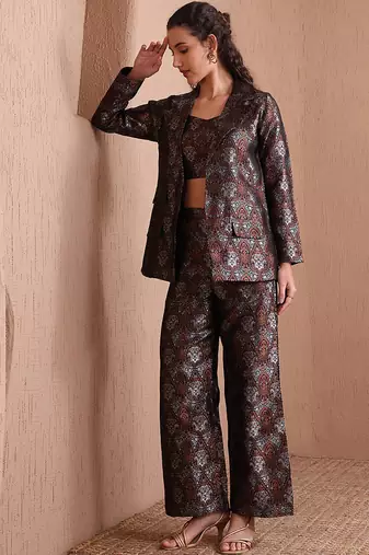 Black faux banarasi brocade co-ord set with designer blazer & wide-leg pants