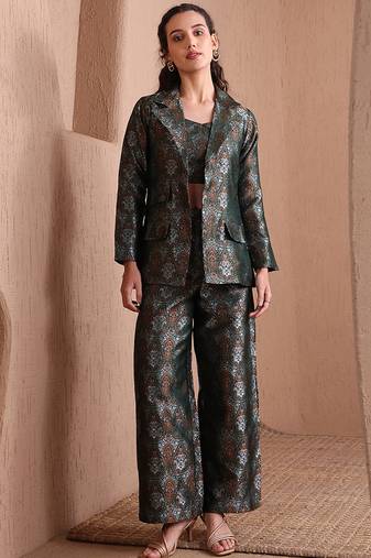 Women's green faux banarasi brocade co-ord set with designer blazer & wide-leg pants