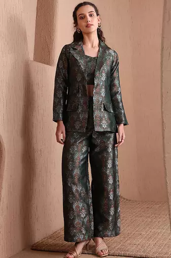 Women's green faux banarasi brocade co-ord set with designer blazer & wide-leg pants