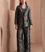 Green faux banarasi brocade co-ord set with designer blazer & wide-leg pants