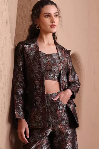 Black faux banarasi brocade co-ord set with designer blazer & wide-leg pants