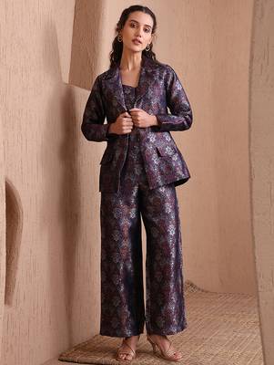Navy blue faux banarasi brocade co-ord set with designer blazer & wide-leg pants 1