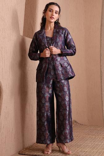 Women's navy blue faux banarasi brocade co-ord set with designer blazer & wide-leg pants