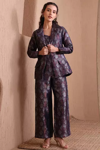 Women's navy blue faux banarasi brocade co-ord set with designer blazer & wide-leg pants