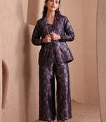 Navy blue faux banarasi brocade co-ord set with designer blazer & wide-leg pants