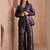 Women's navy blue faux banarasi brocade co-ord set with designer blazer & wide-leg pants